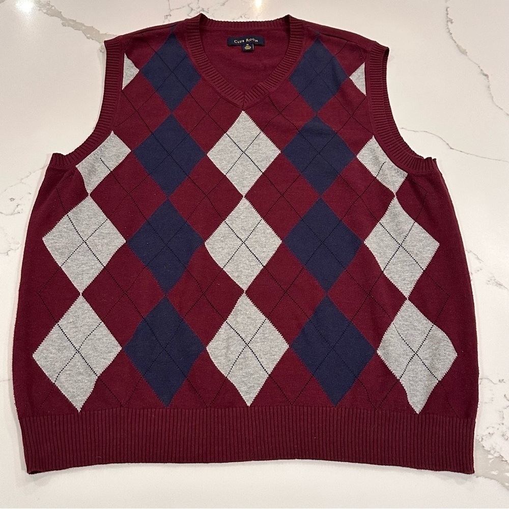 Vintage Club Room Burgundy Argyle Sweater Vest Mens M Navy Blue Preppy Academia